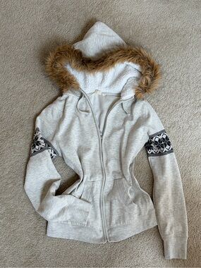 Y2K Winter Sherpa Lined Faux Fur Hood Zip Hoodie Size M